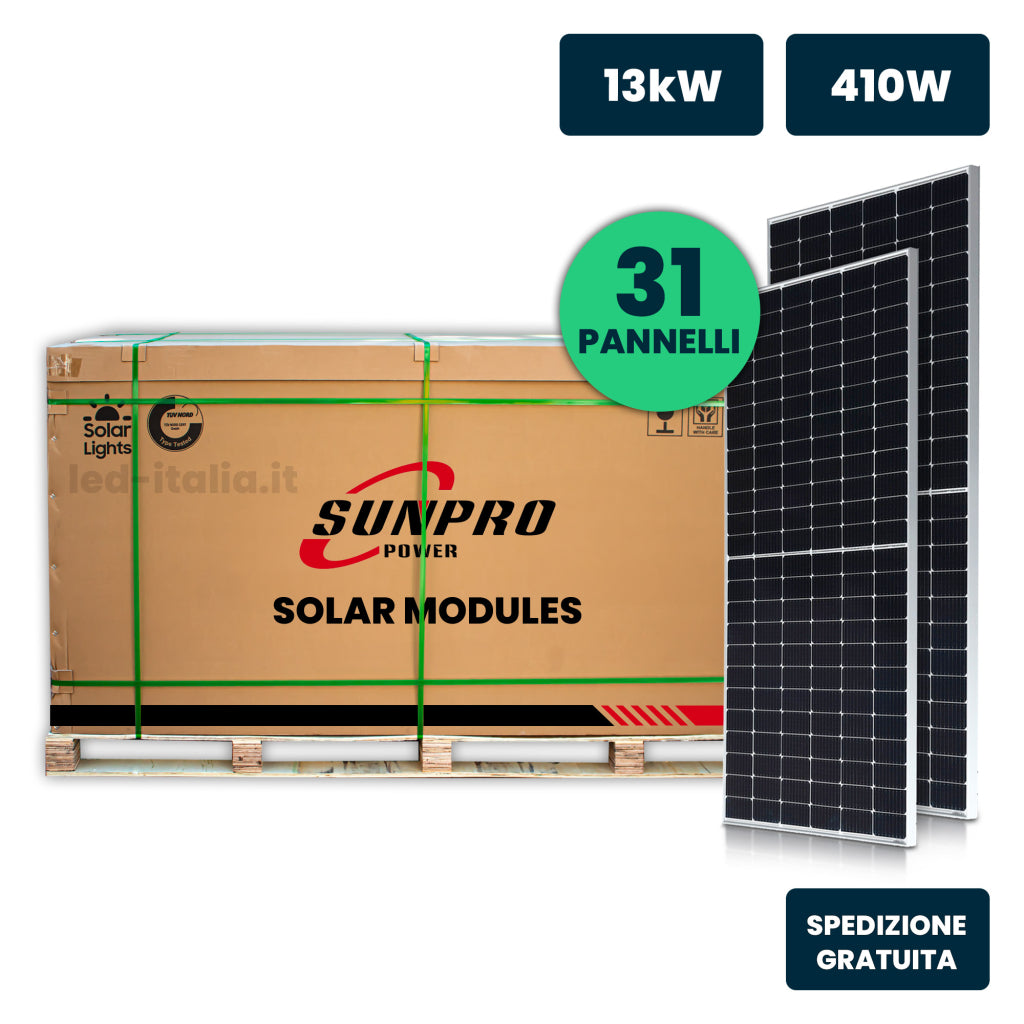 V-TAC Bancale 13kW con 31 Moduli Fotovoltaici SUNPRO TIER-1 da 410W Classe 1, Monocristallini Silver Frame IP67/IP68 (SKU 11899) V-TAC Bancale 13kW con 31 Moduli Fotovoltaici SUNPRO TIER-1 da 410W Classe 1, Monocristallini Silver Frame IP67/IP68 (SKU 11899)